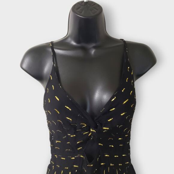 Angie Keyhole Cutout Smocked Mini Dress Black Gold Sz Small Boho Summer *FLAW* - Picture 2 of 13